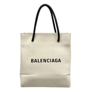 Auth BALENCIAGA Shopping Tote XXS Cream Black Leather Tote Bag